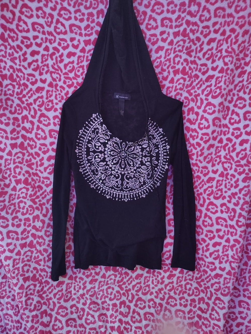 Black Hooded Long-Sleeve Top with White Mandala Print